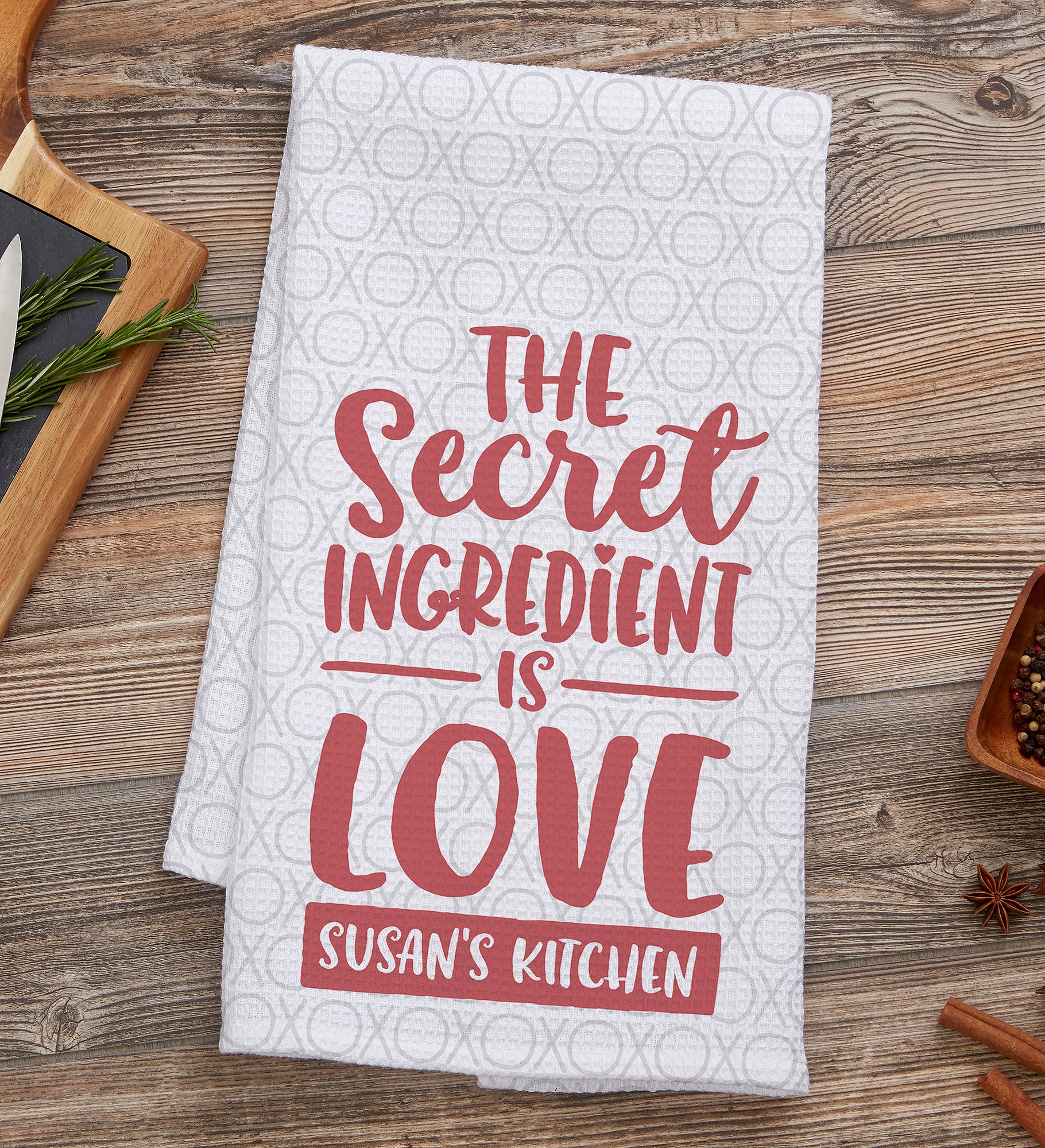 The Secret Ingredient is Love Personalized Waffle Weave Kitchen Towel